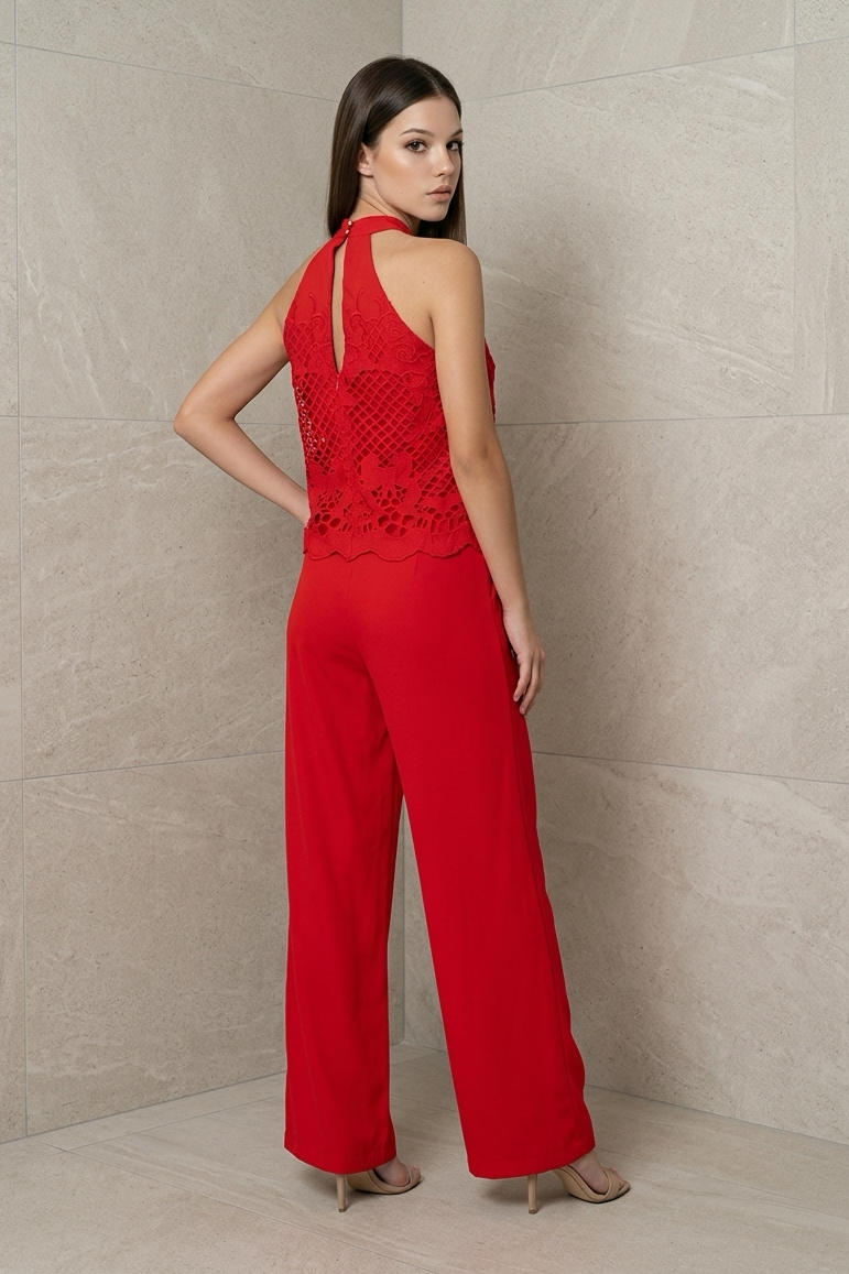 Zahara Jumpsuit solid color halter neck with lace detail and straight leg bottom
