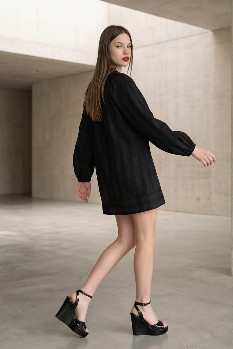 Woman wearing Luna Mini Dress with voluminous balloon sleeves and front tie in textured fabric