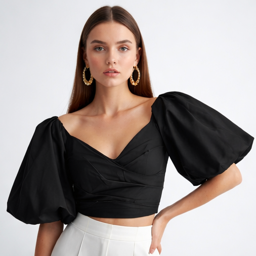 Midnight Elegance Puff Sleeve Top
