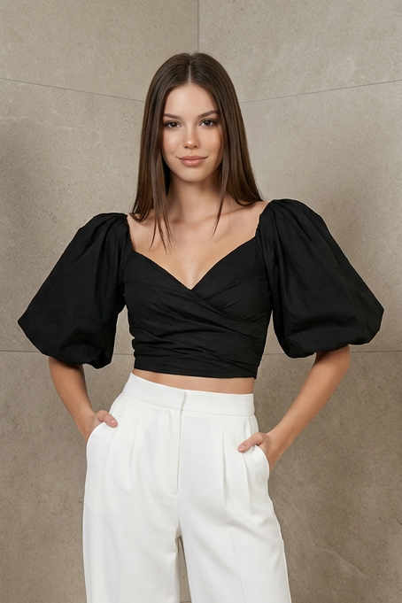Midnight Elegance Puff Sleeve Top - Zydial Boutique
