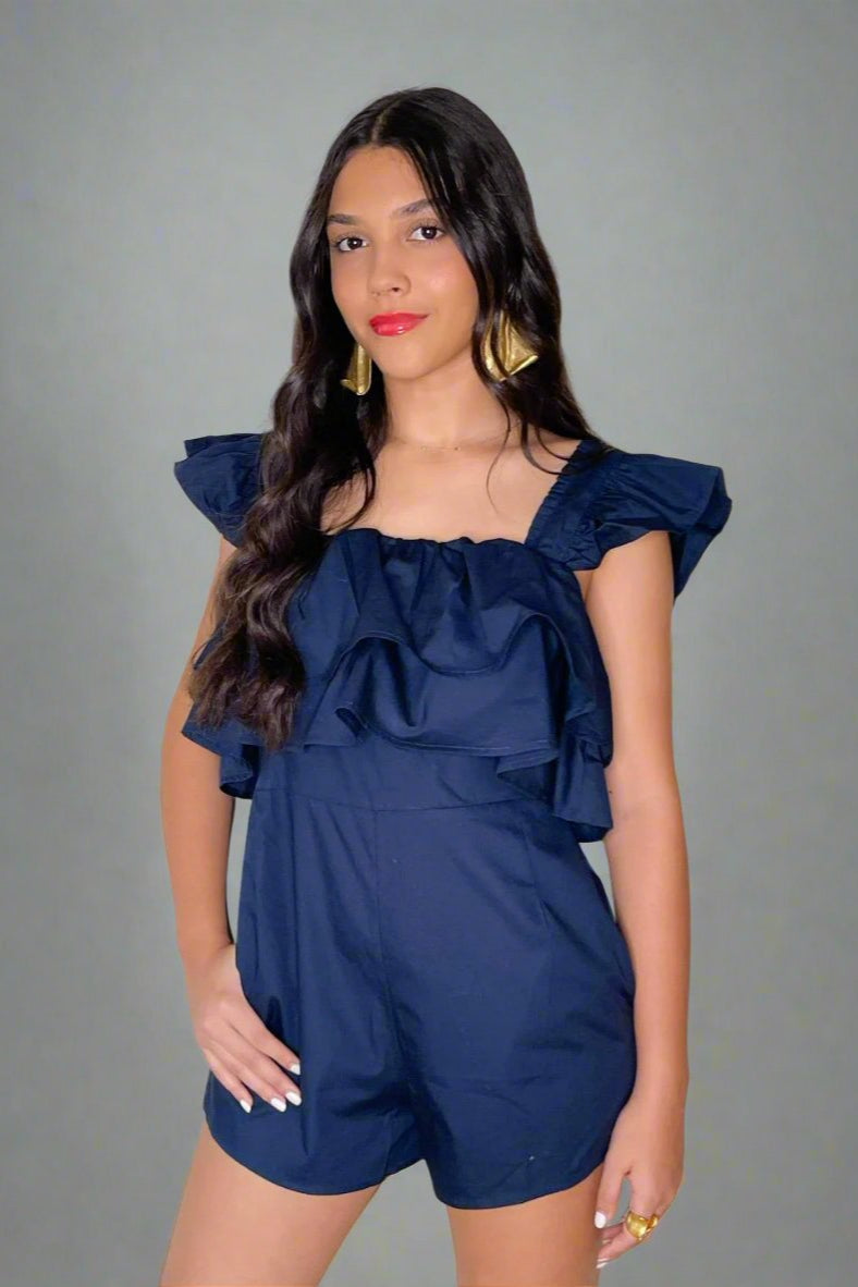 Navy Ruffle Romper front.