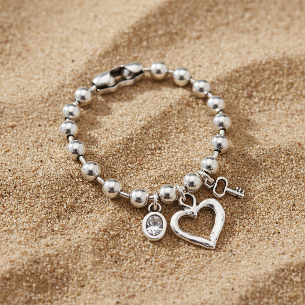 Silver Plated Bracelet with Clear Swarovski Cristal, Heart & Key (2943)