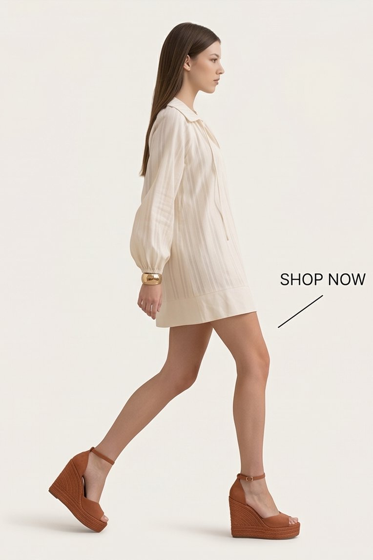 Luna Mini Dress with voluminous balloon sleeves and front tie detail in textured fabric