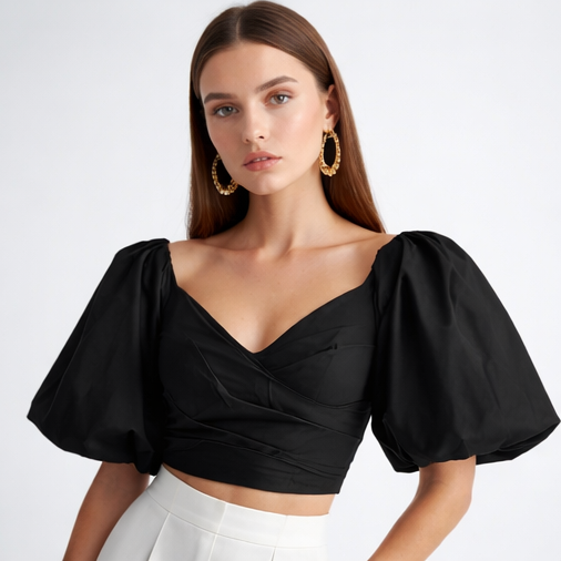 Midnight Elegance Puff Sleeve Top
