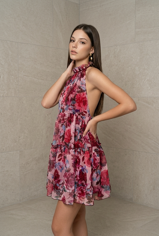 Floral Halter Mini Dress with Open Back