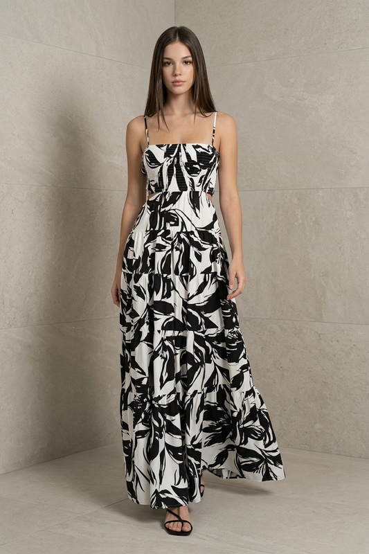 Black and white floral printed woven cut out maxi dress with adjustable straps and tiered skirt