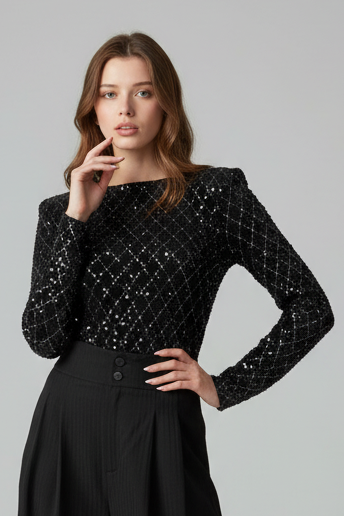 Celeste Black Sequin Bodysuit