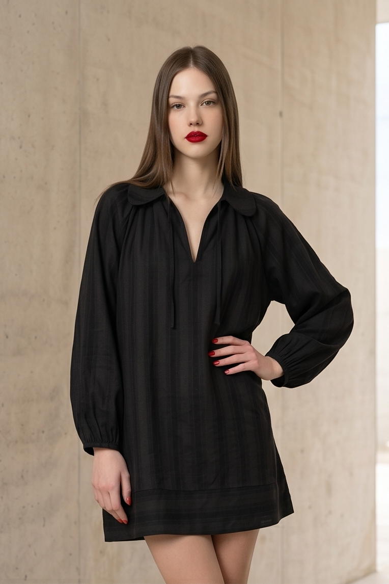 Woman wearing Luna Mini Dress with balloon sleeves and front tie detail