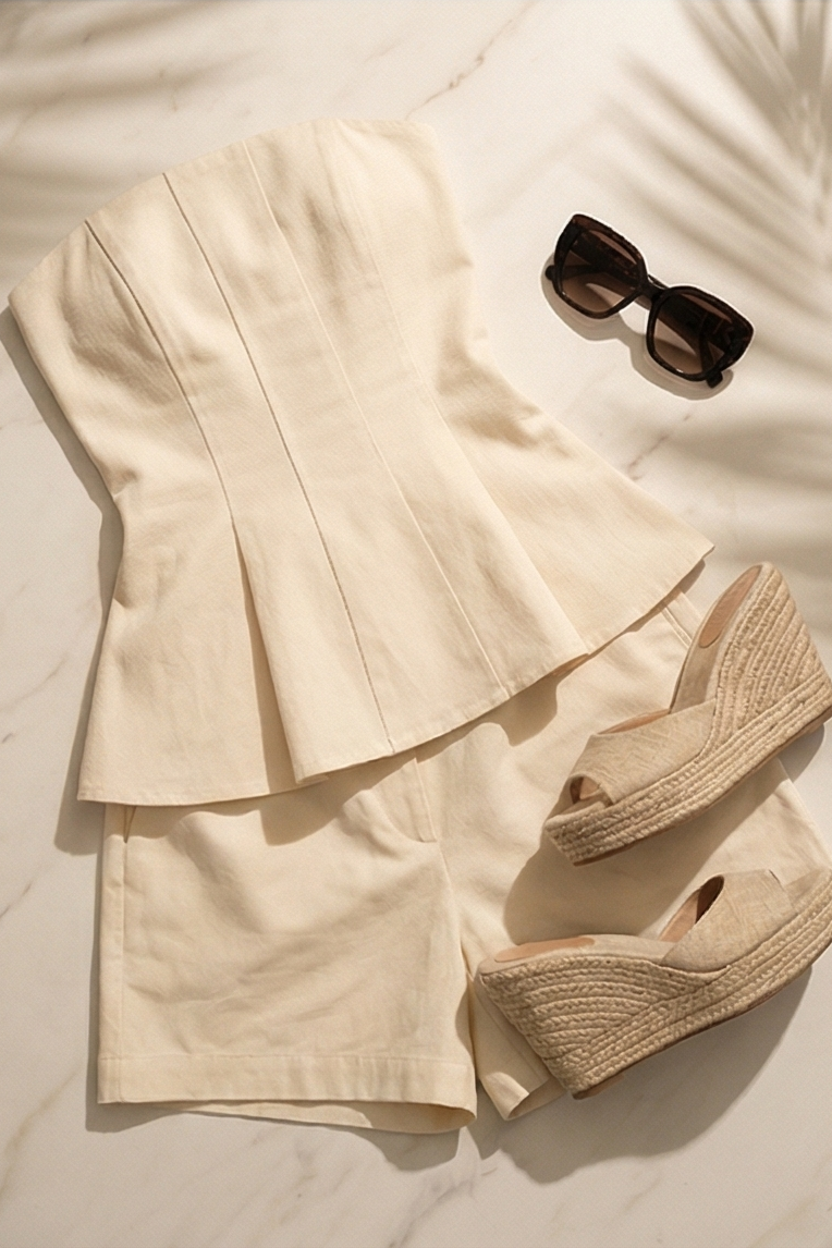 Luna Two-Piece Set – Strapless Peplum Top & Structured Tailored Shorts