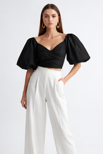 Midnight Elegance Puff Sleeve Top