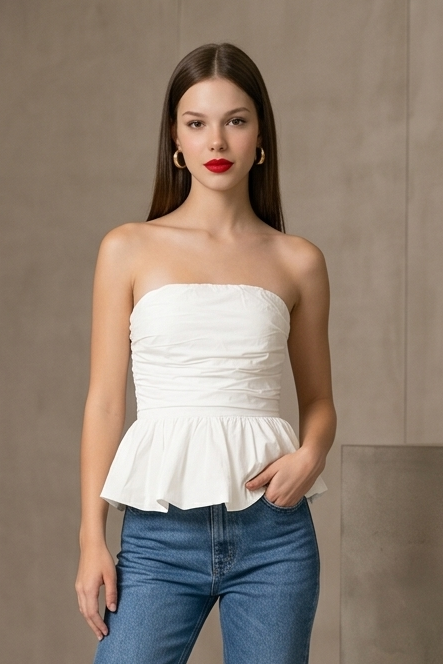 White strapless Candence Top with ruched bodice and peplum flare in lightweight cotton blend