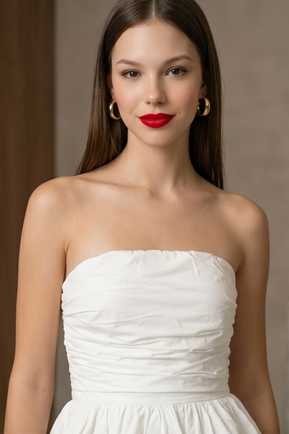 White strapless peplum Candence Top with ruched bodice and lightweight fabric