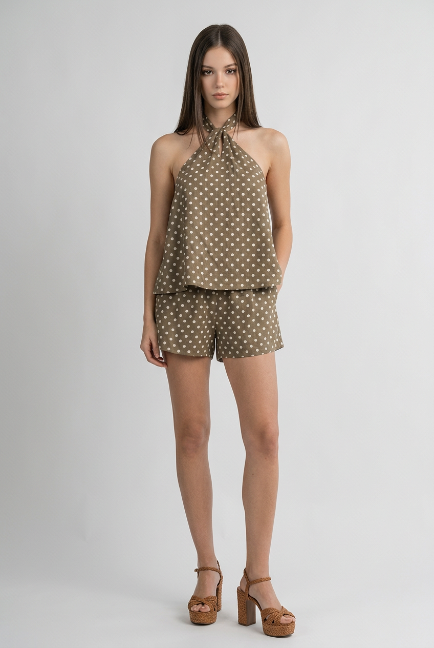 Aria Two-Piece Set – Polka Dot Halter Top & High-Rise Shorts