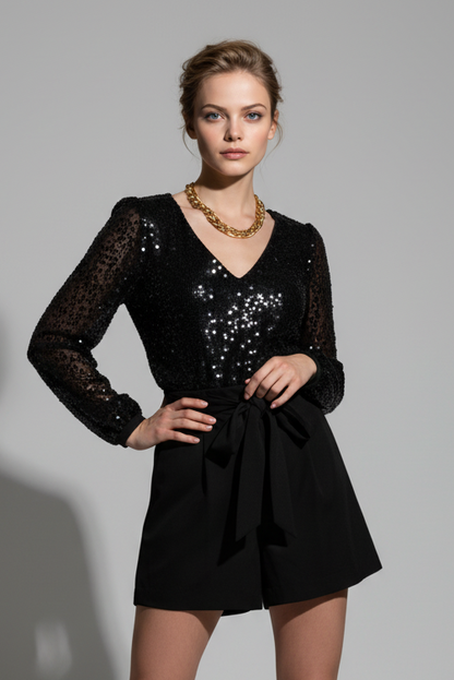 Zyd Black Sequin Romper front close.