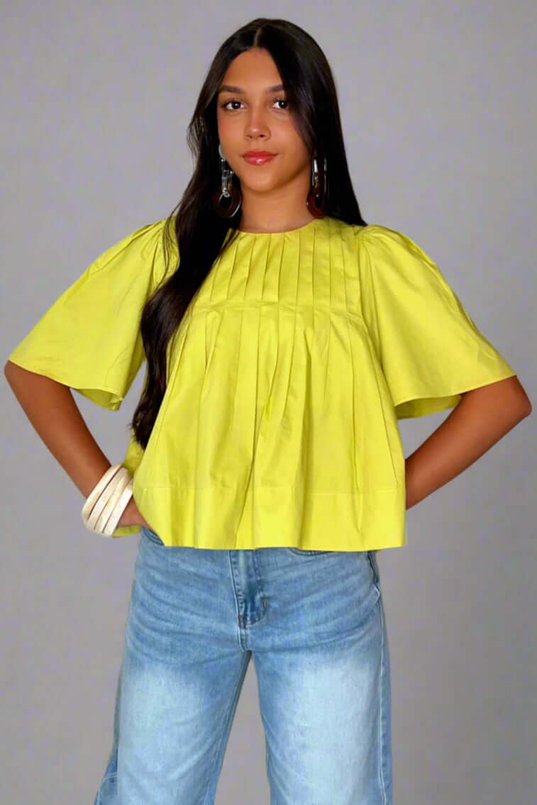 Short Sleeve Pleated Yellow Top  Casual Chic Blouse